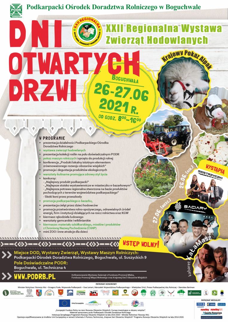 Dni Otwartych Drzwi połączone z XXII Regionalną Wystawą Zwierząt Hodowlanych - Boguchwała, 26 i 27 czerwca 2021 r.